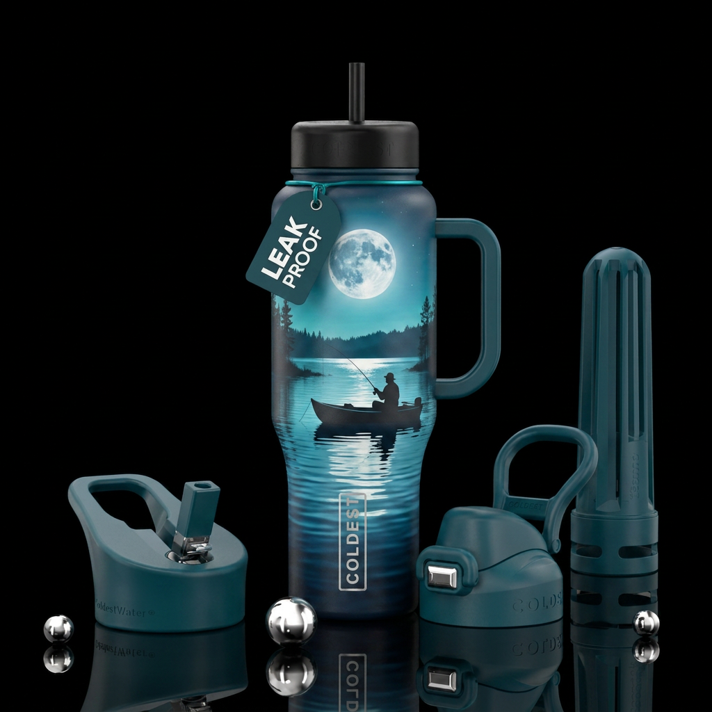 Fishing,moonlight, tree, water bottle design