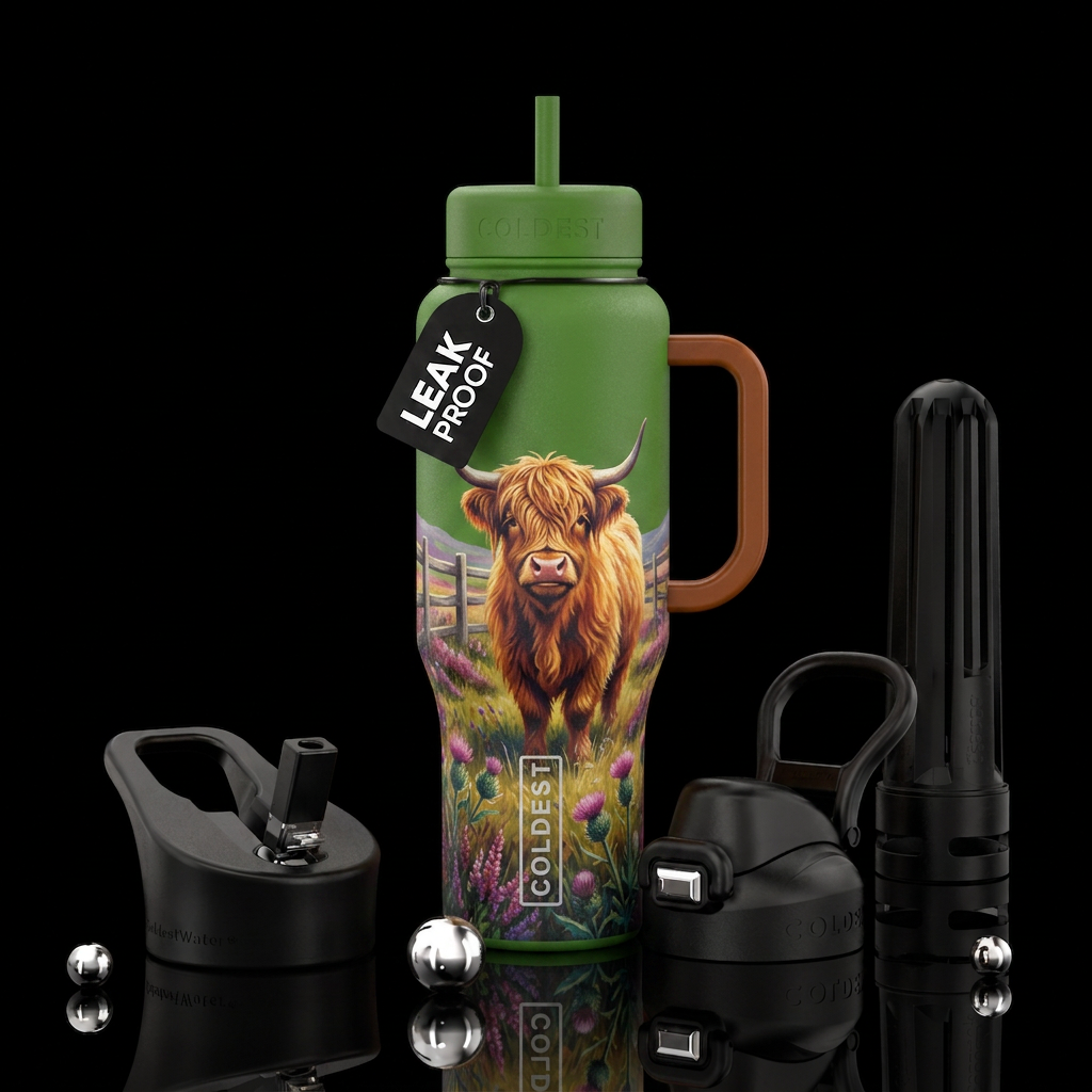 Highland cow, fence water bottle design