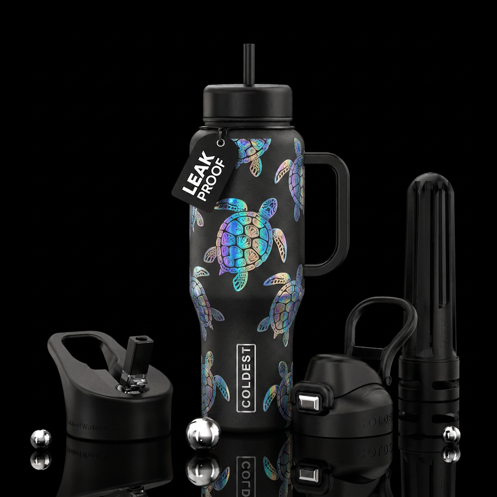 Black, Holographic Sea turtles water bottle design