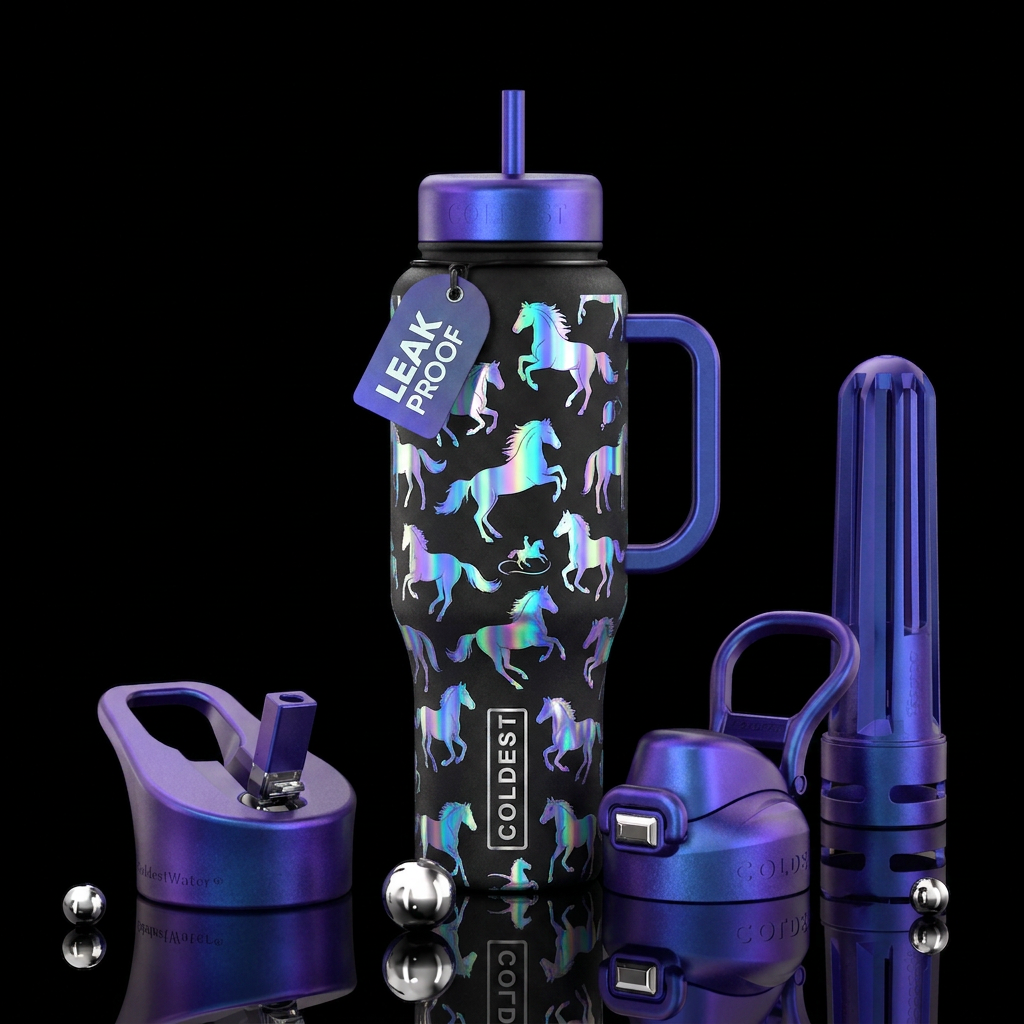 Holographic horses water bottle design