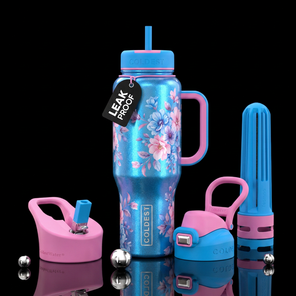 Cotton Candy floral on a blue shimmer water bottle design