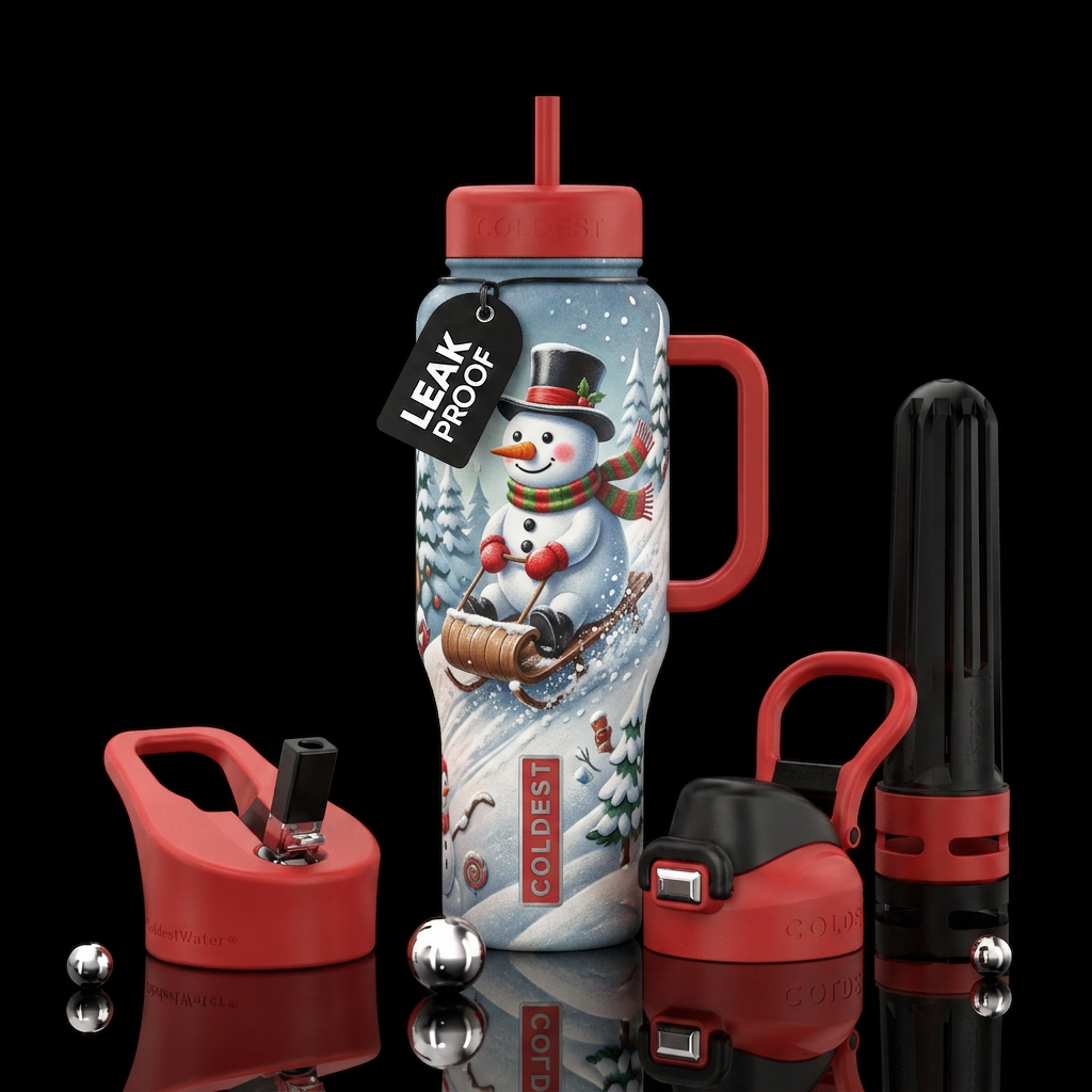Sledding snowman water bottle design