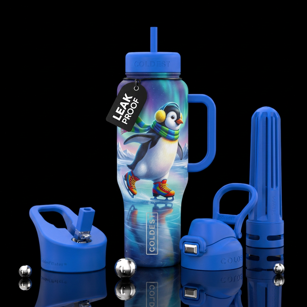 Skating penguin,  vibrant water bottle design