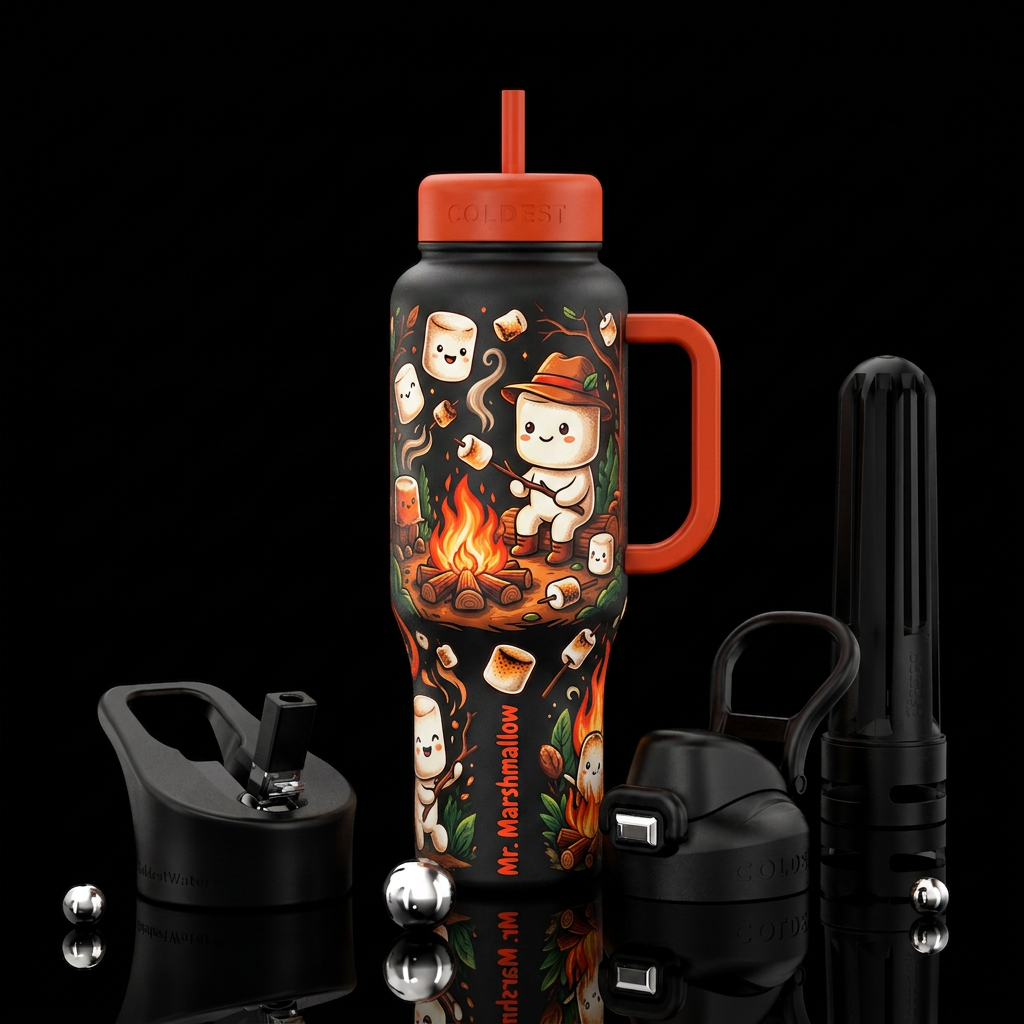 Mr Marshmallow,  roasting a Marshmallow,  vibrant water bottle design