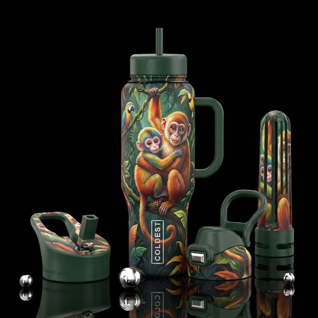 Monkey , swinging with her baby monkey water bottle design