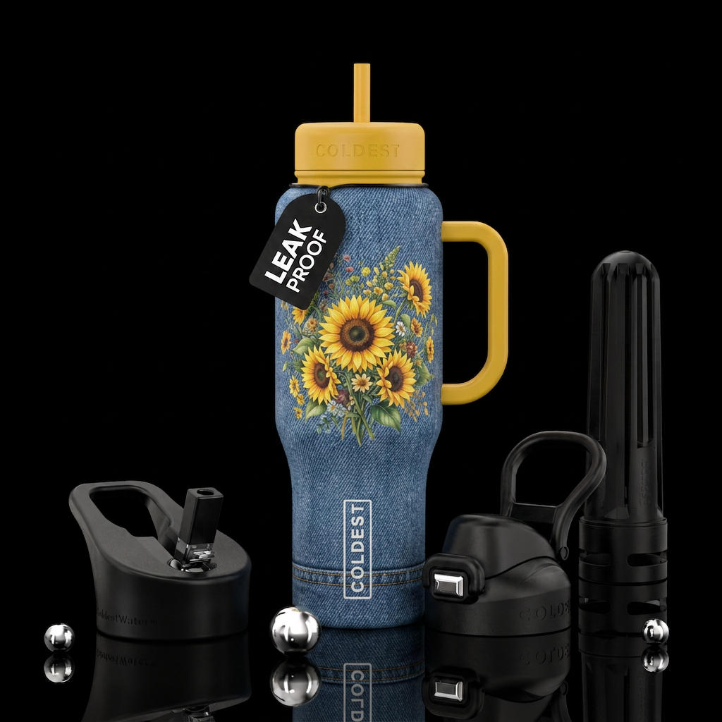 Blue jean, sunflower bouquet water bottle design