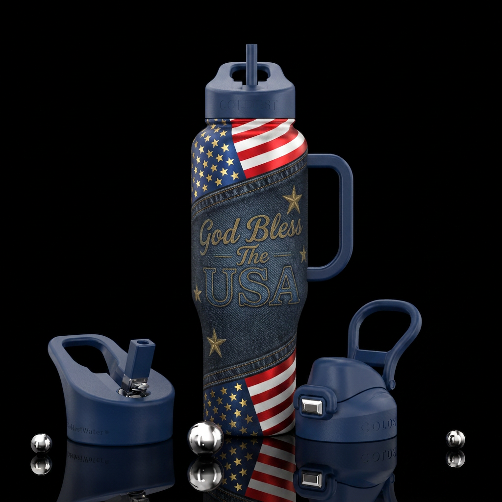 Dark Blue jeans, bright and vibrant American flag,... water bottle design