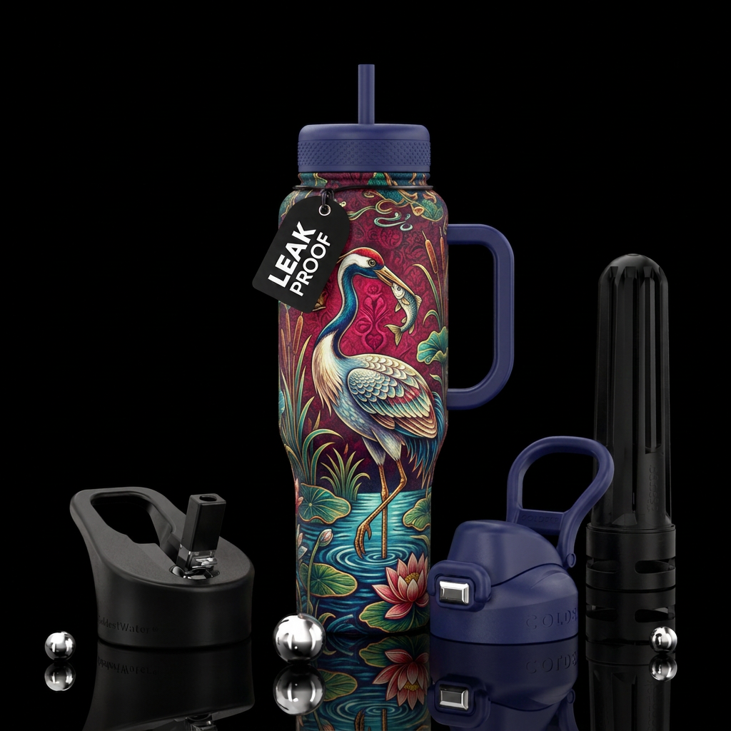 A crane with a fish in its mouth water bottle design