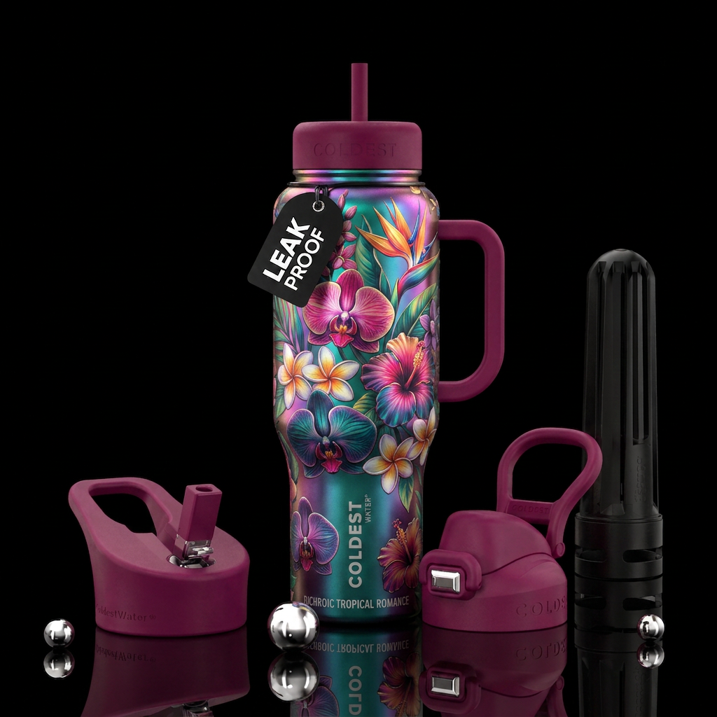 Dichroic, tropical flowers, romantic water bottle design