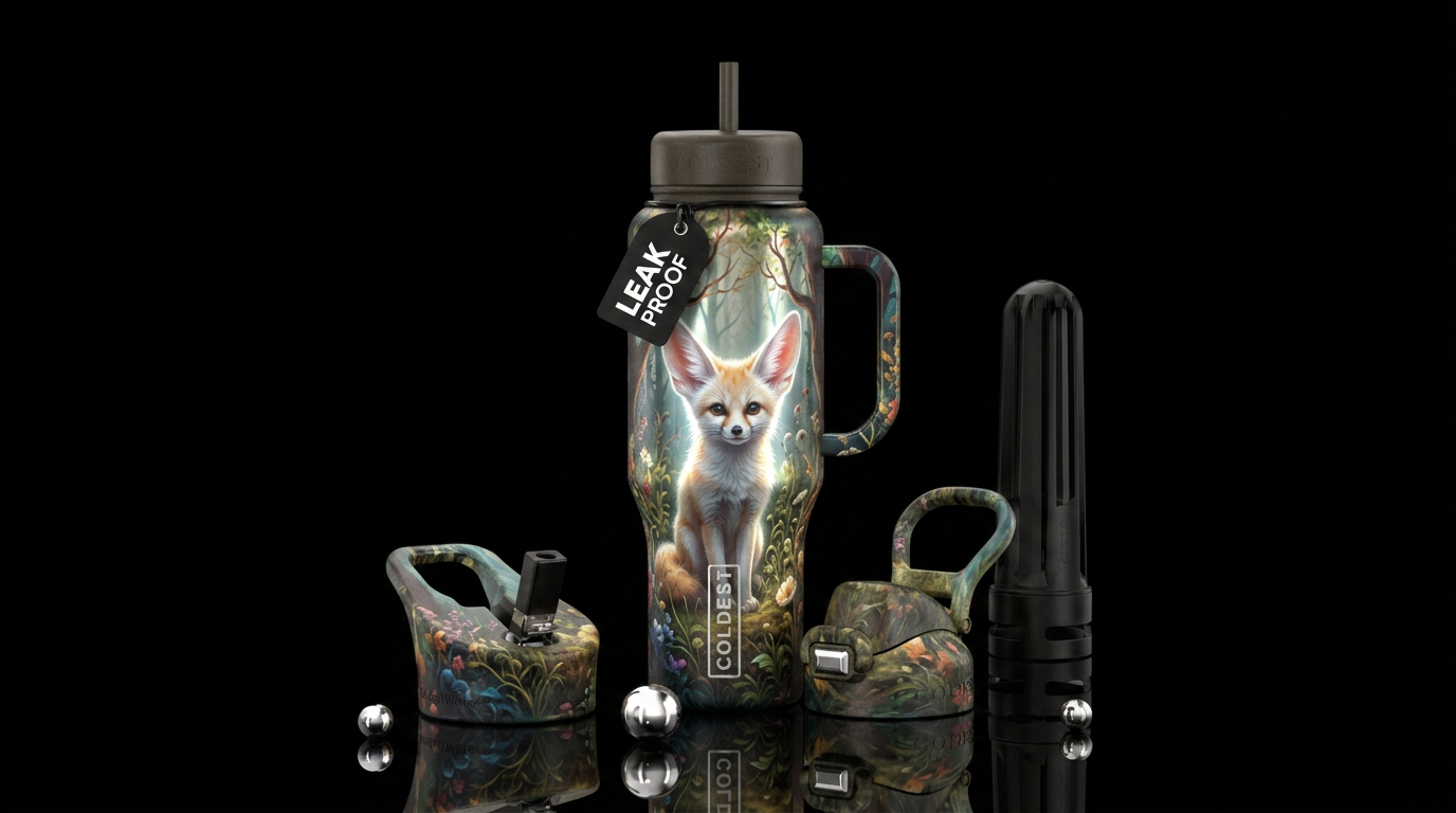 Glowy White Fennec fox, beautiful,  trees, weeds water bottle design