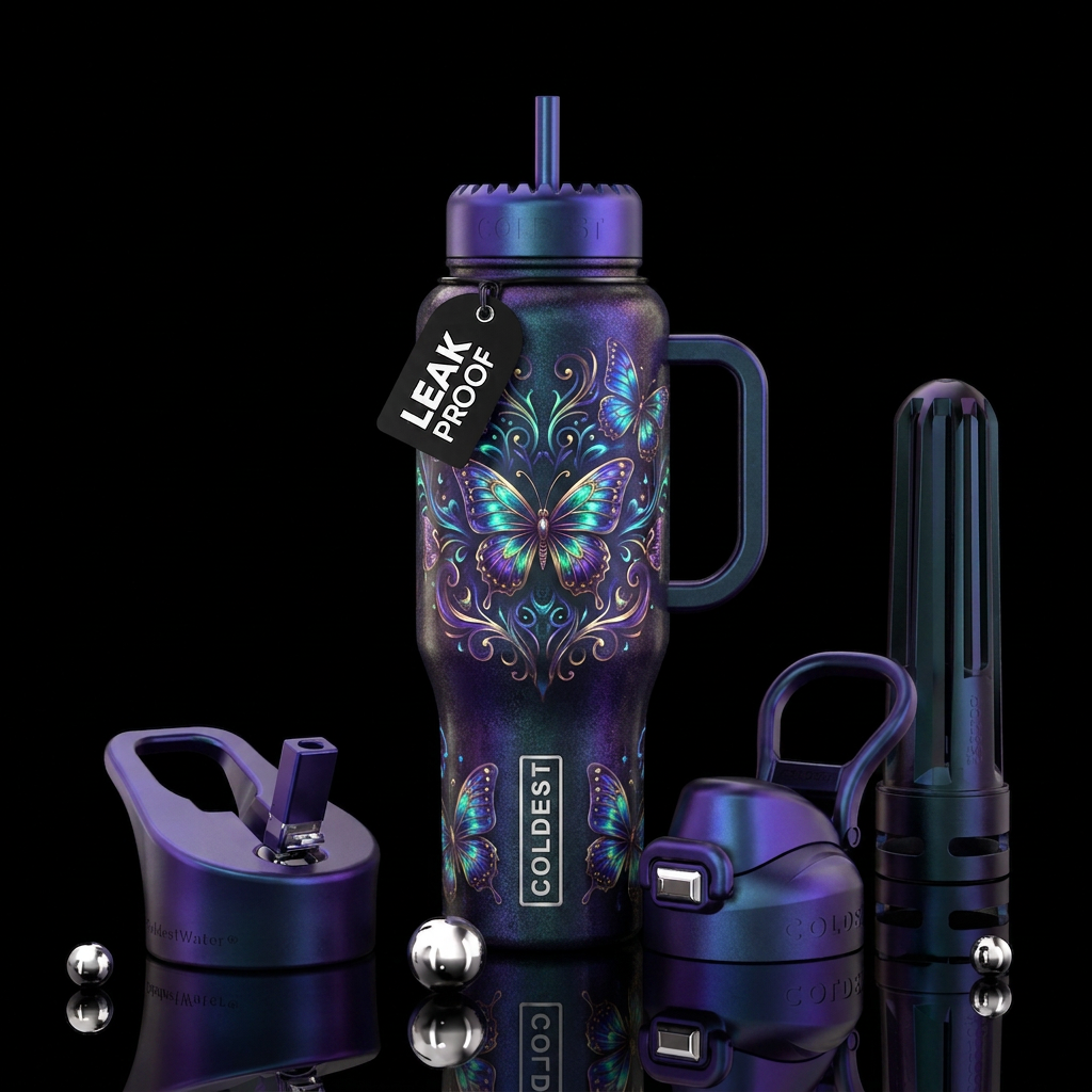 butterfly, dark shimmer, modern, beautiul, glowie water bottle design