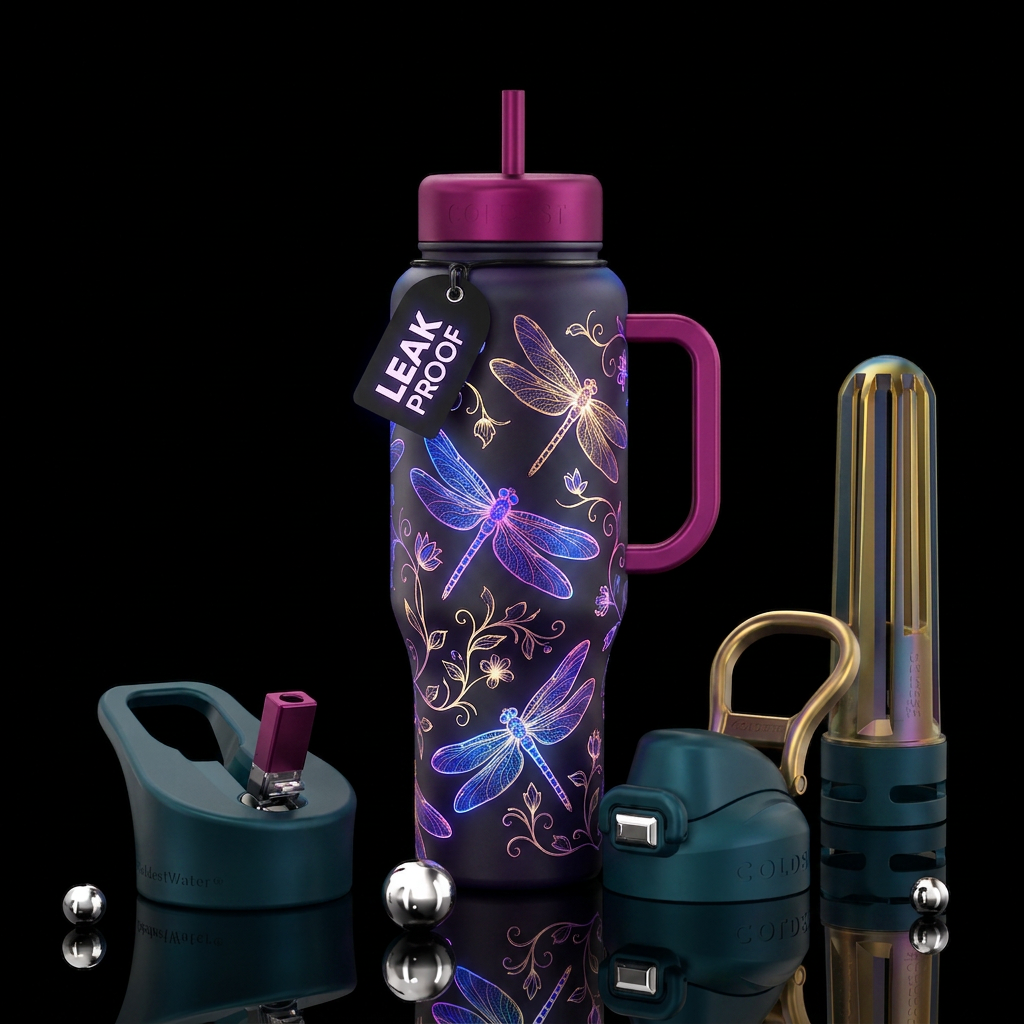 Glowy dragonflies water bottle design