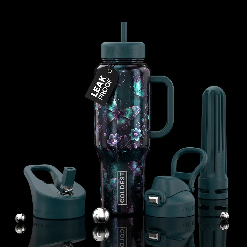 Dark shimmer, glowy, butterfly, floral water bottle design