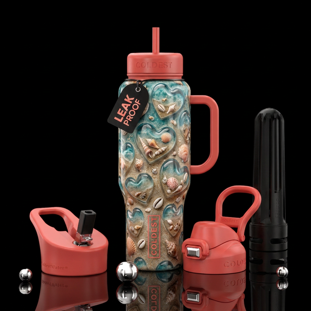 Heart shaped glass w/ water sand, shells water bottle design