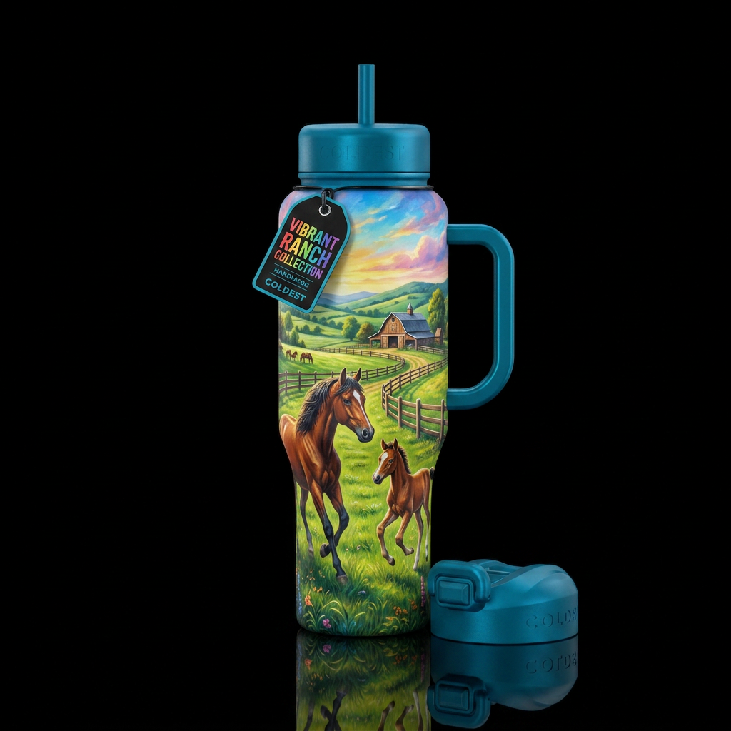Ranch, Horse & colt, fence water bottle design