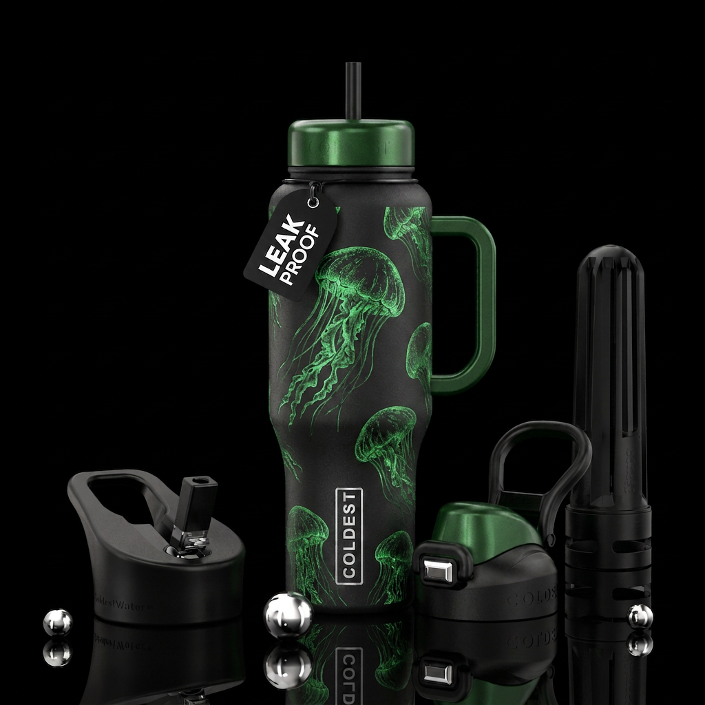 Dark Shimmer lime green jellyfish glow in the dark water bottle design