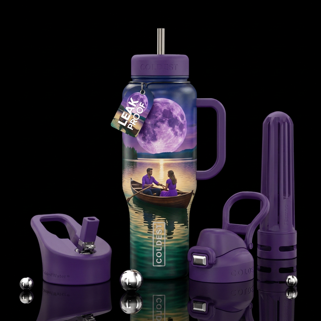 Purple moon, Lake, boat, 2 people water bottle design