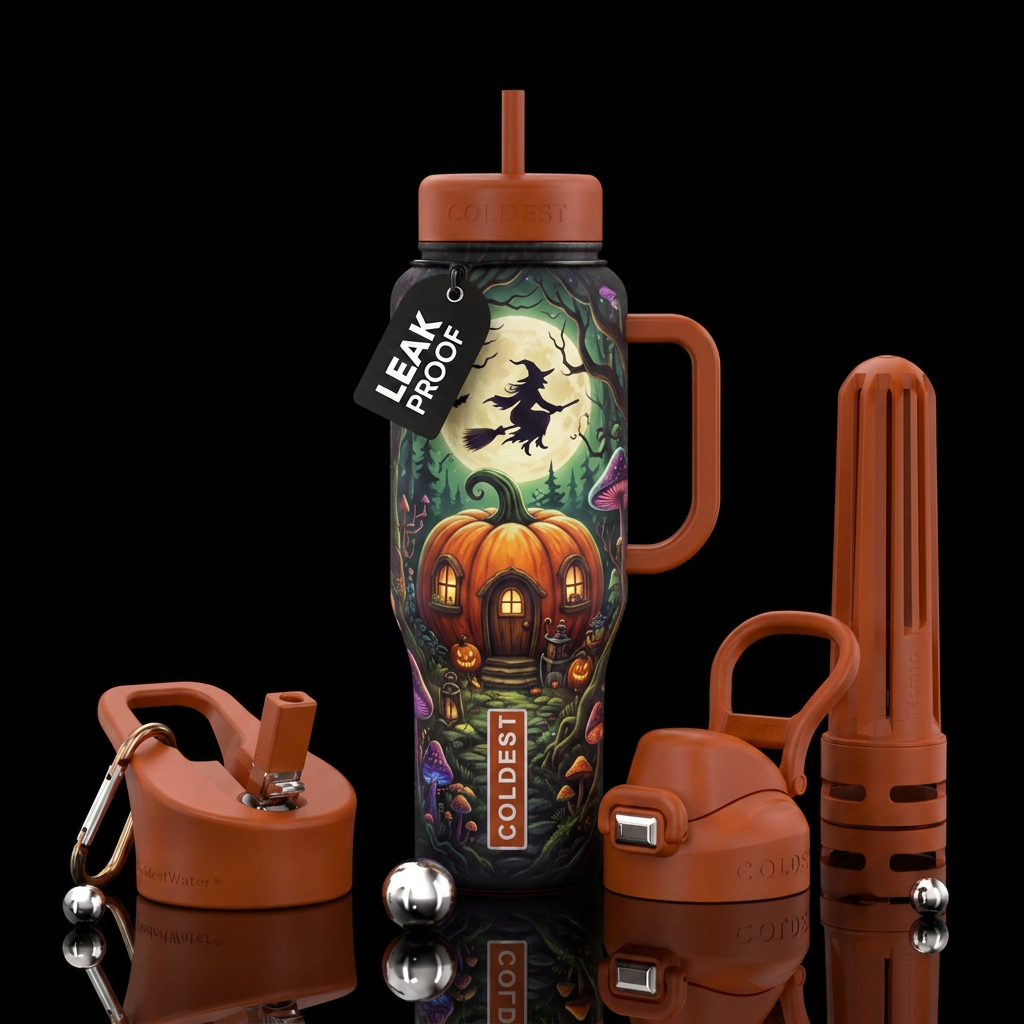 Pumpkin house, witch, water bottle design