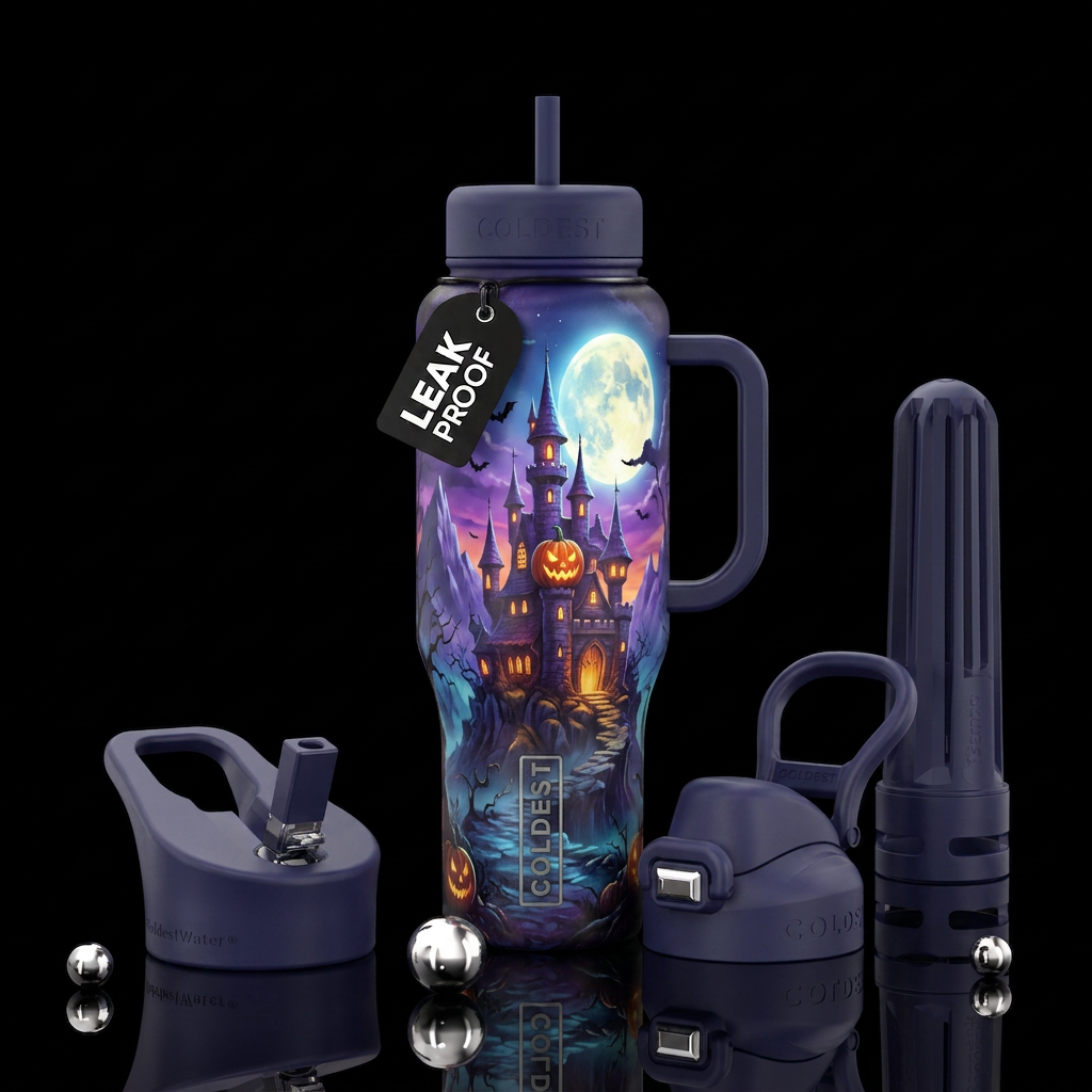 Pumpkin castle,  moonlight, spooky water bottle design