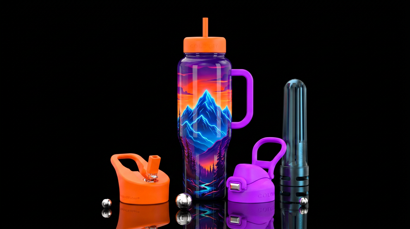 Blue mountain purple & orange skys,nature, neon water bottle design