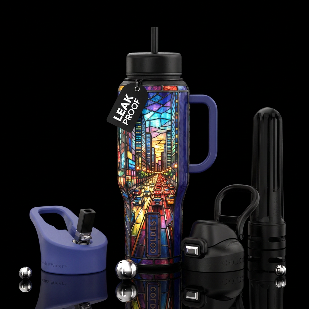City lights, stained glass water bottle design