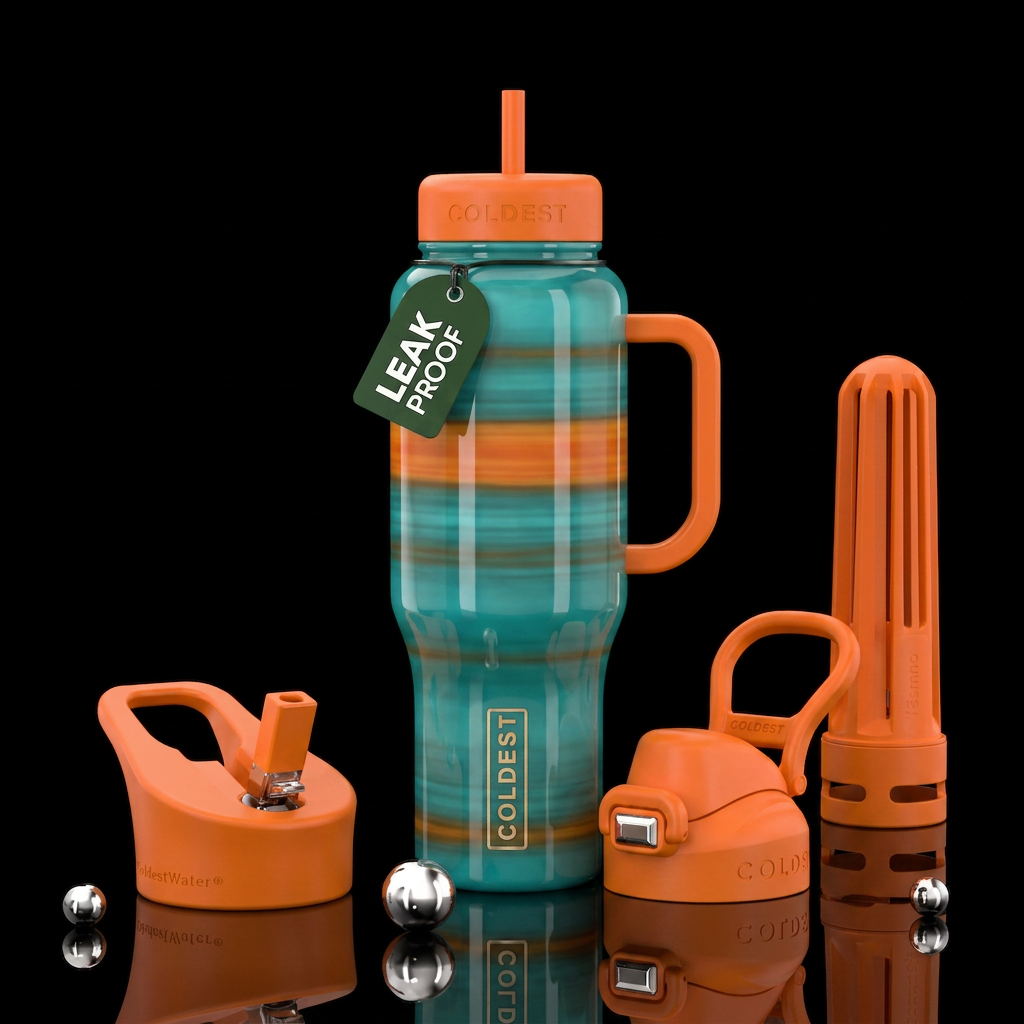 Teal on orange, horizontal water bottle design