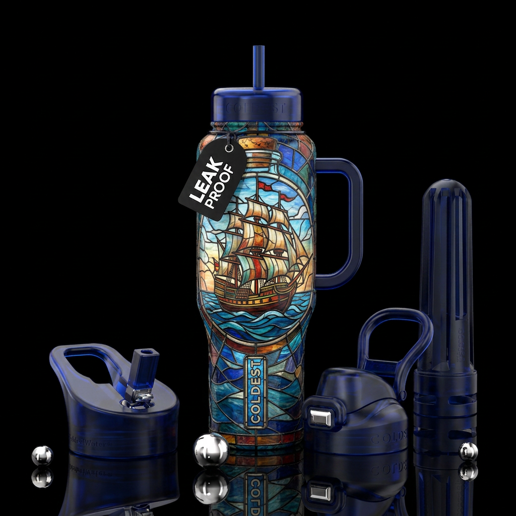 A Ship in a bottle, stained glass water bottle design
