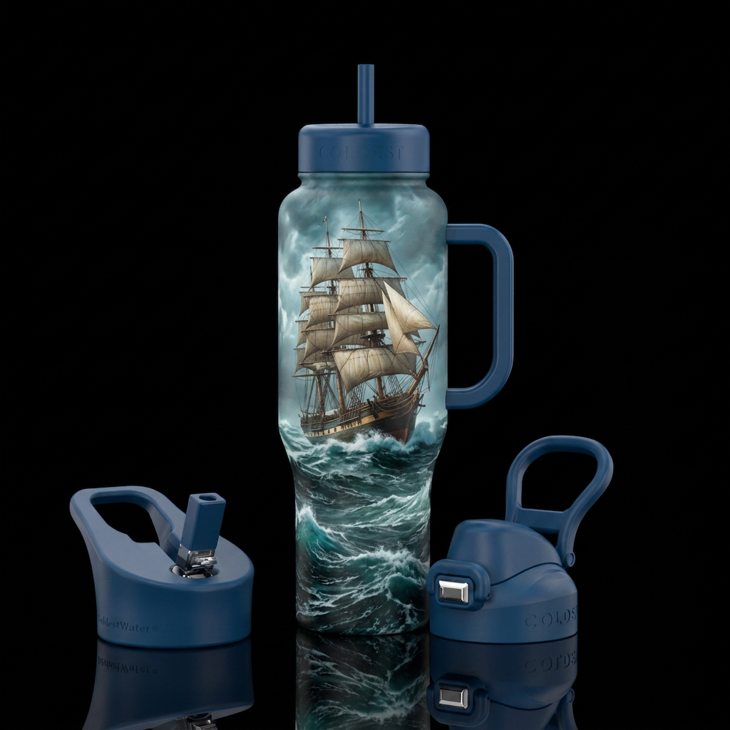 Ship on rough waters water bottle design
