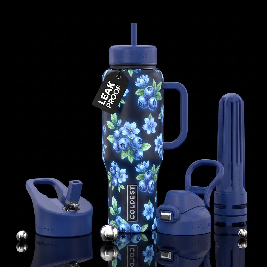 Blueberry floral, glowy, vibrant water bottle design