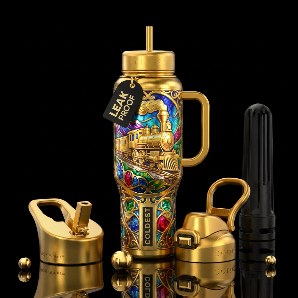 Golden train, vibrant water bottle design