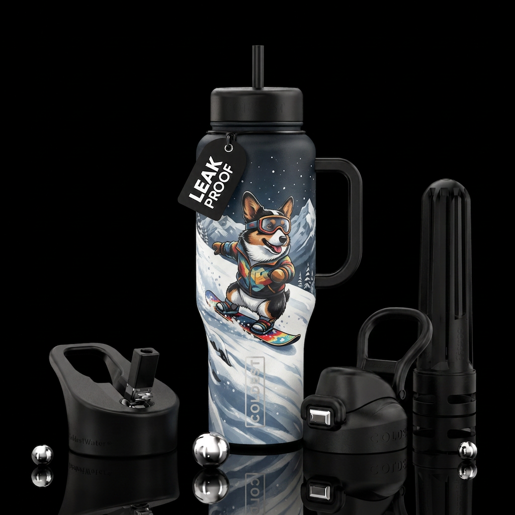 Black & Brown Corgi, Snowboarding water bottle design