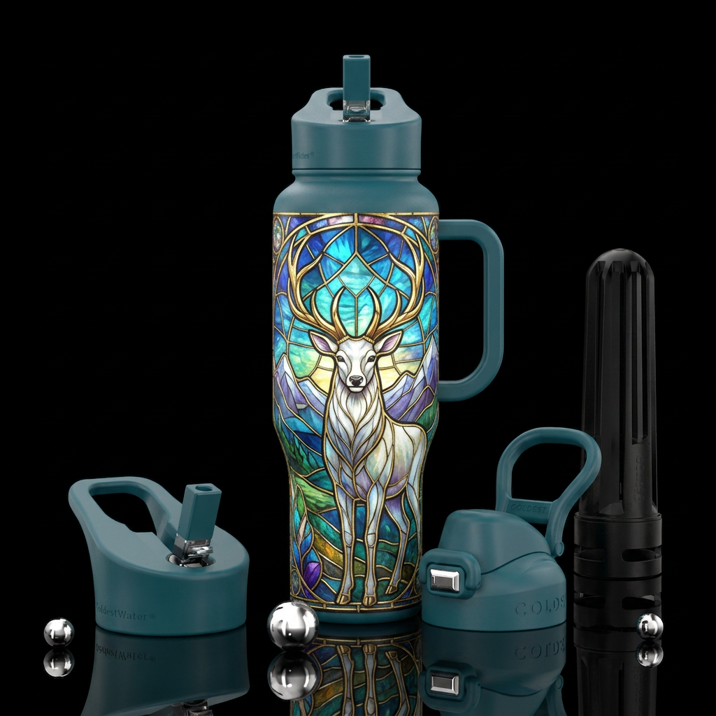 White deer, gold horns, mountains, stained glass water bottle design