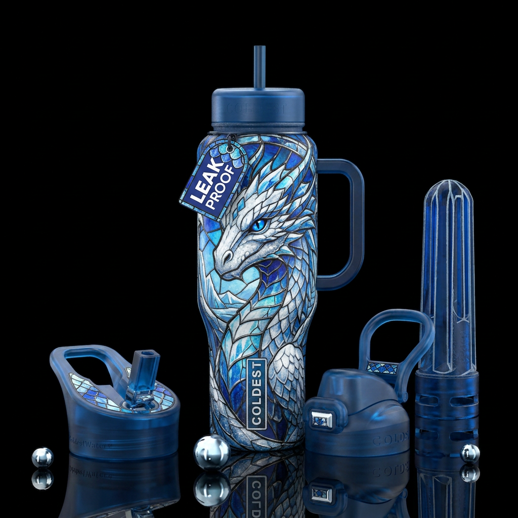 Blue eyed snow dragon, stained glass water bottle design