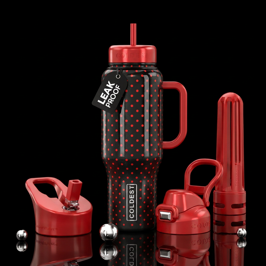 Black w/ red polka dots, shine, textured water bottle design