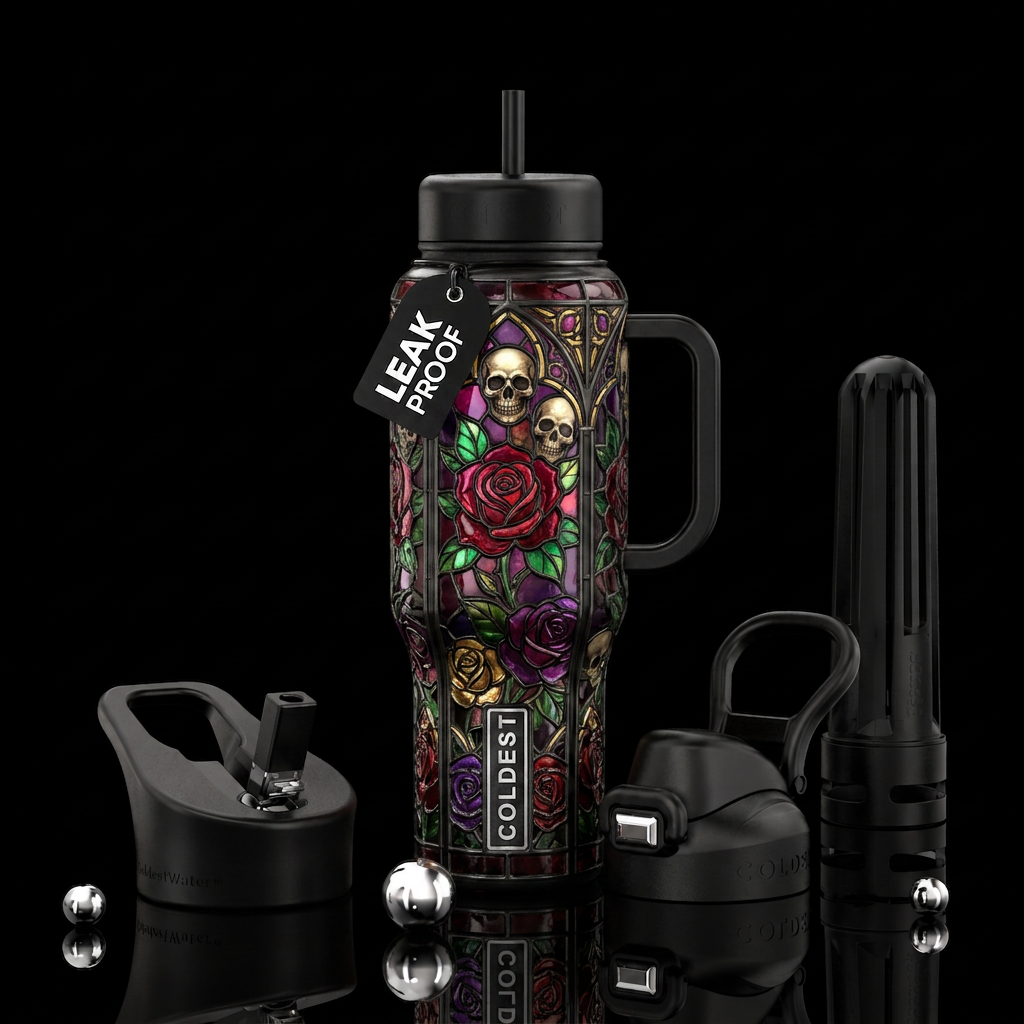Roses, skulls, shiny, stained glass water bottle design