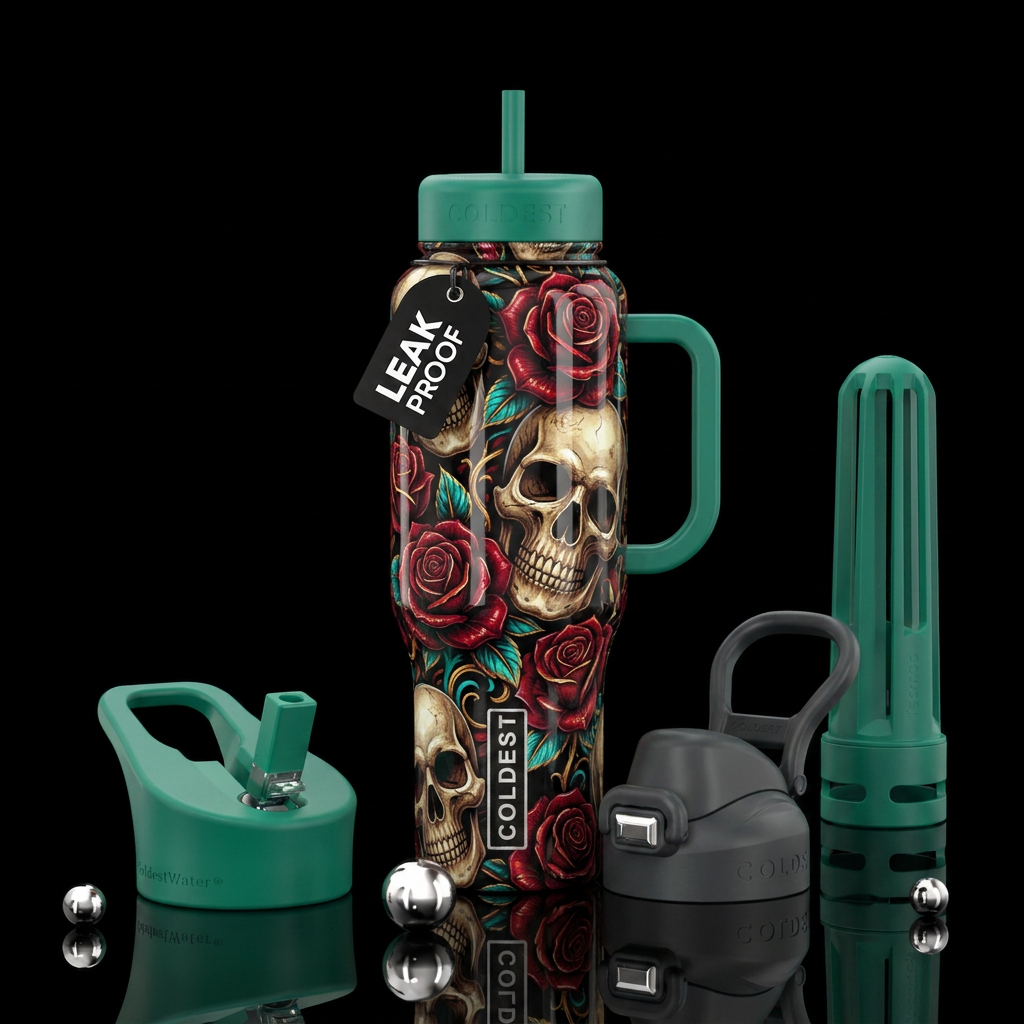 Roses & Skulls, Shiny water bottle design
