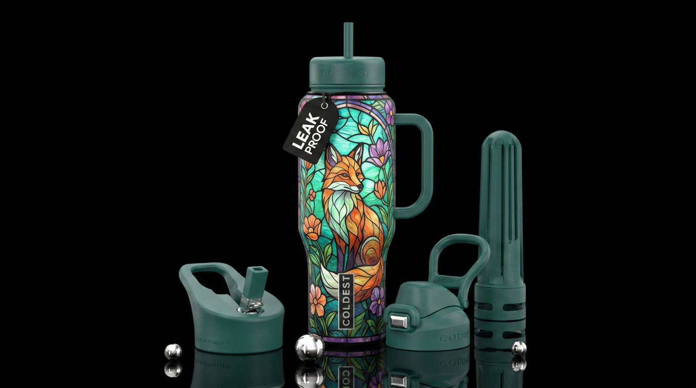 garden fox, stained glass water bottle design