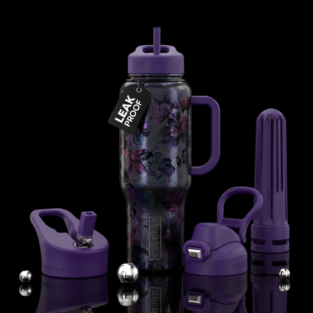 Dark shimmer, dark shimmer flowers, shiny water bottle design