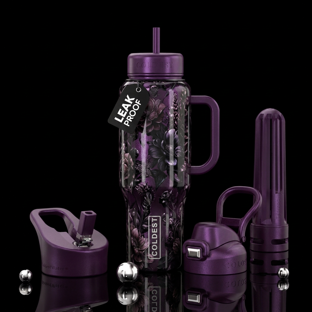 Dark shimmer, Dark Flowers, Shiny water bottle design