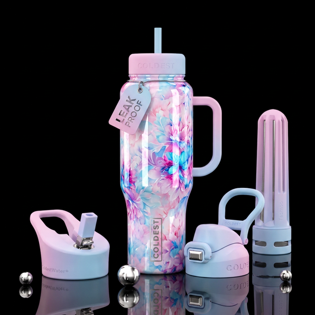 Cotton Candy floral, shiny water bottle design