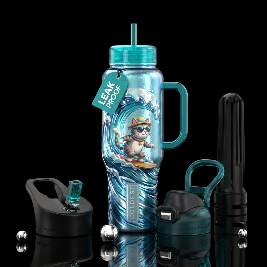 Surfing kitty, wave, shiny water bottle design