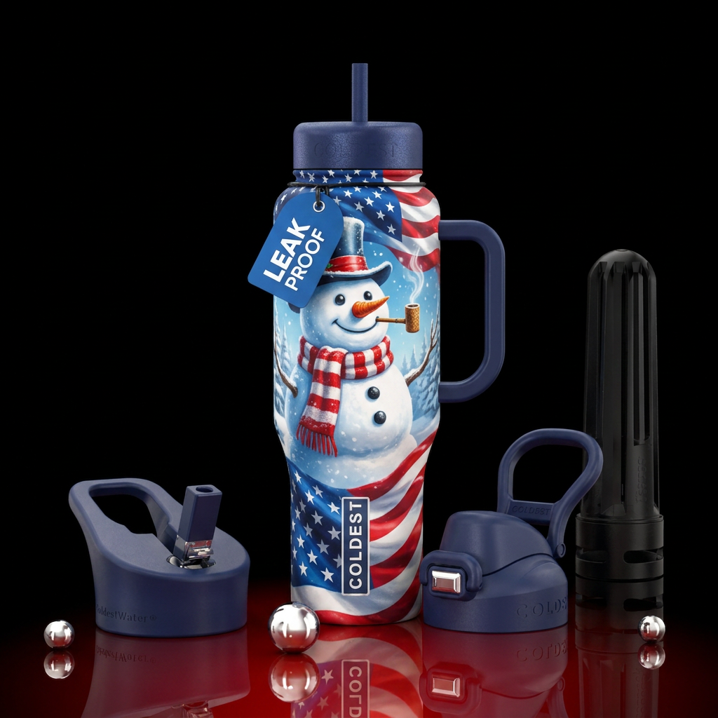 Frosty the snow man, pipe, USA flag, shiny water bottle design