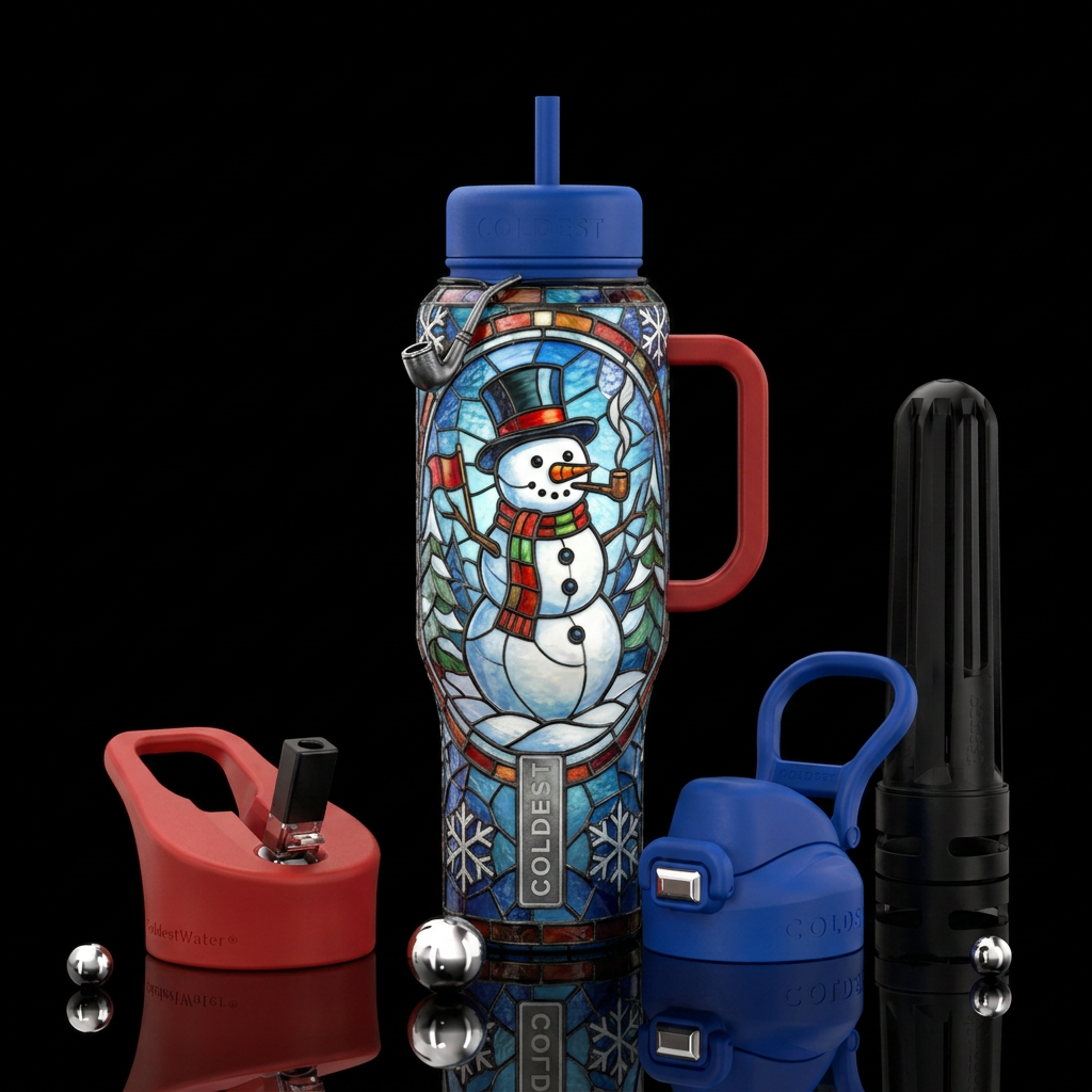 Snowman, flag, pipe in his mouth , stained glass water bottle design