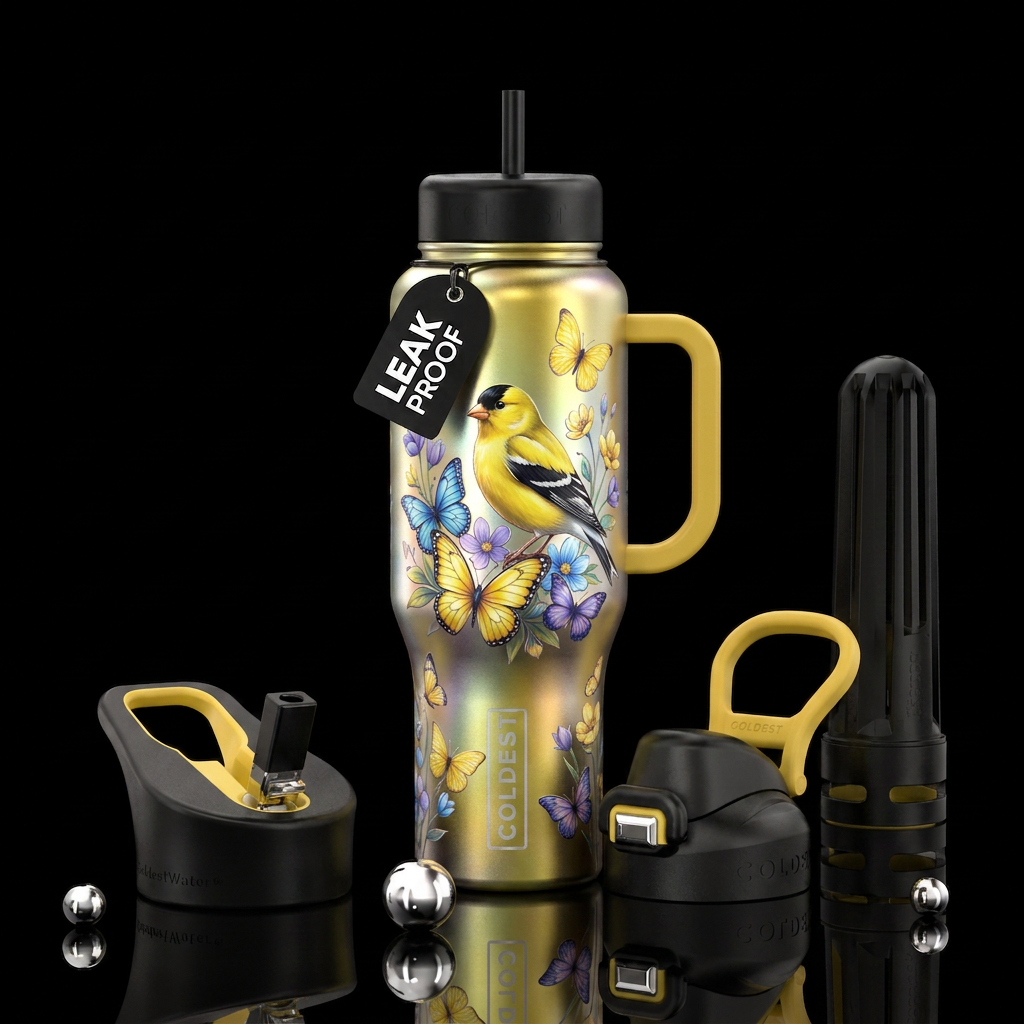 Yellow bird & Butterfly,  beautiful,  shine water bottle design