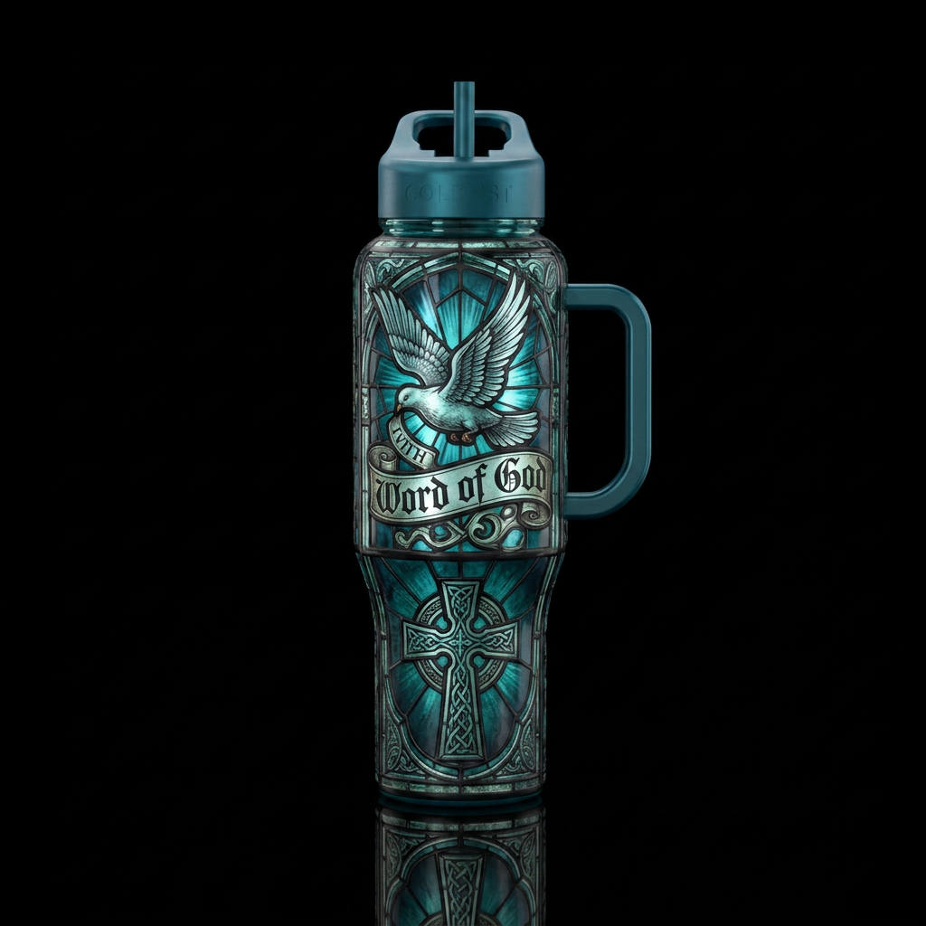 Word of God, Dove, Cross,, stained glass water bottle design