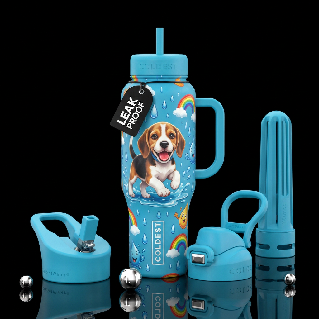 A Dog playing, Rain, fun, shine water bottle design