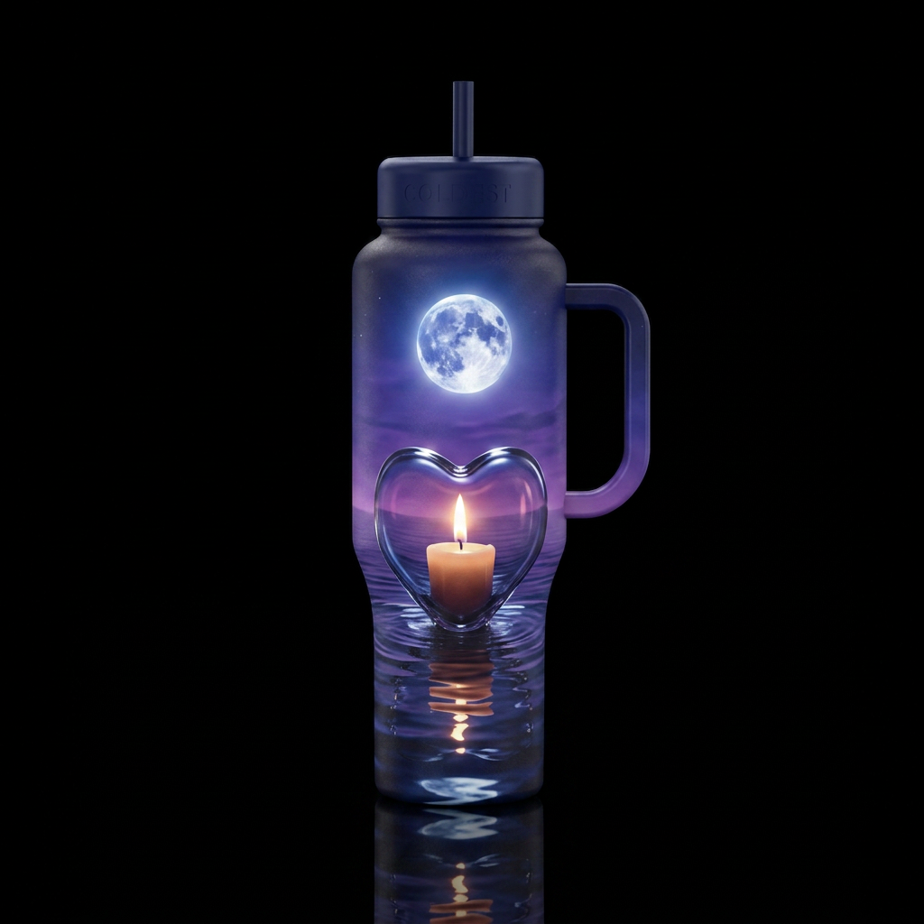 moon on the water, a glass heart w/ a candle burni... water bottle design