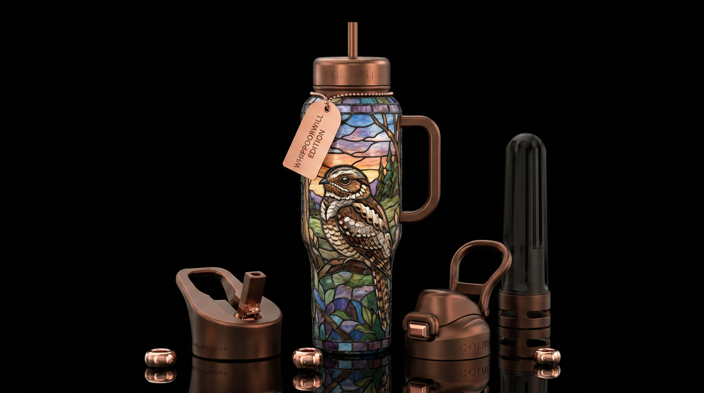 A whippoorwill, beautiful,, stained glass water bottle design