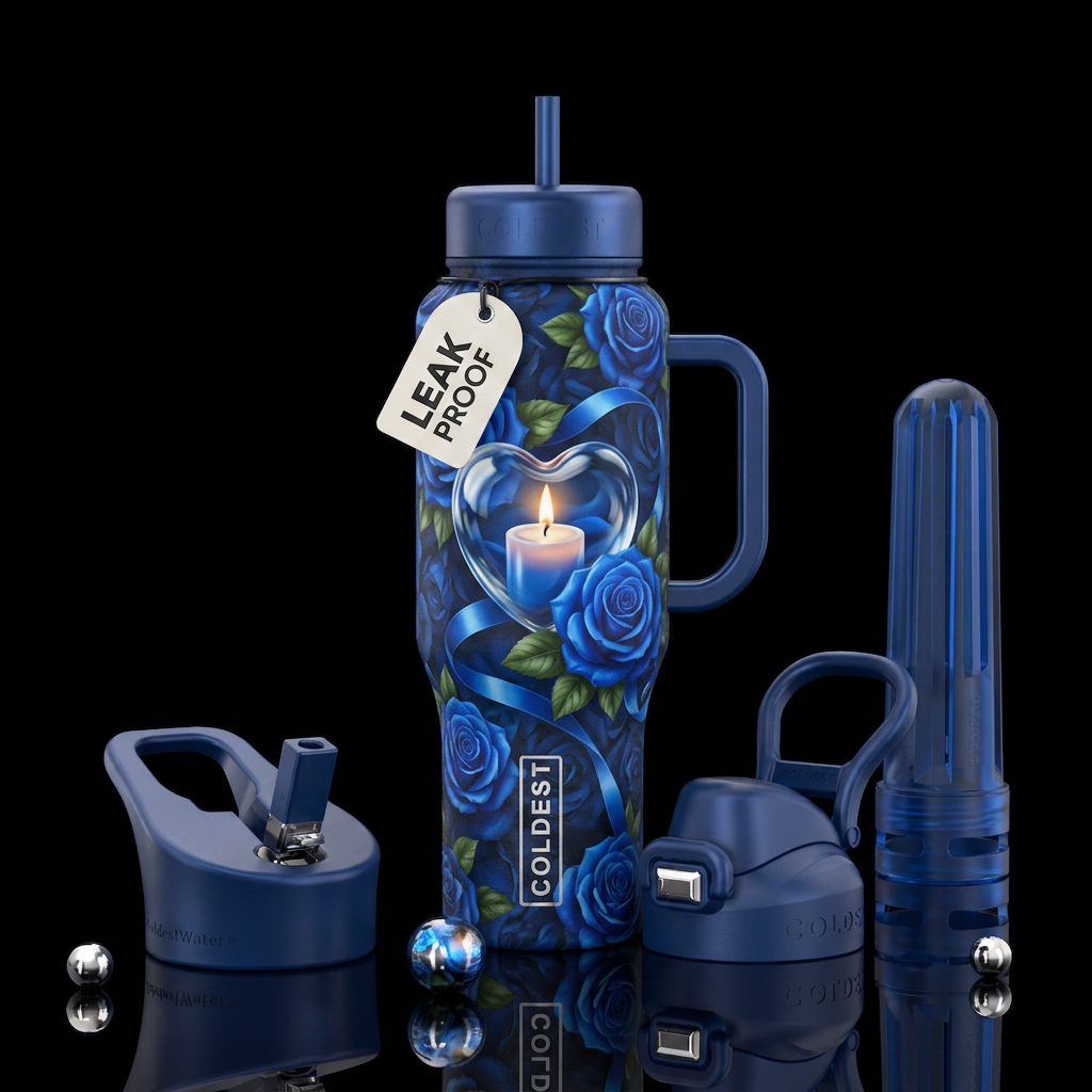 Blue rose floral, ribbon, shiny glass heart candle water bottle design