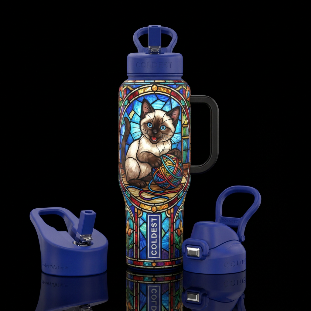 Siamese playing w/ yarn, stained glass water bottle design